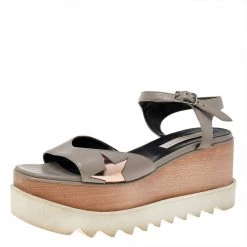 Stella McCartney Grey Faux Leather Wedge Sandals Size 40 For Women