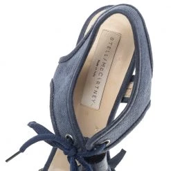 Stella McCartney Navy Blue Faux Leather And Canvas Platform Ankle Wrap Tassel Sandals Size 38.5 For Women -Stella McCartney Sales luxury women stella mccartney used shoes p492836 002