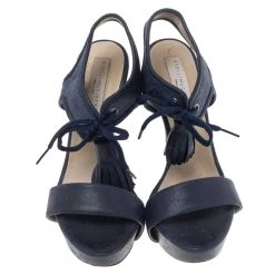 Stella McCartney Navy Blue Faux Leather And Canvas Platform Ankle Wrap Tassel Sandals Size 38.5 For Women -Stella McCartney Sales luxury women stella mccartney used shoes p492836 005