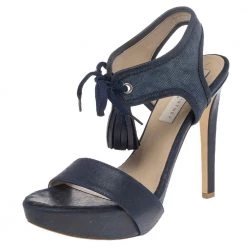 Stella McCartney Navy Blue Faux Leather And Canvas Platform Ankle Wrap Tassel Sandals Size 38.5 For Women