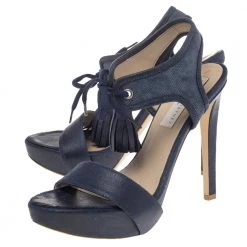 Stella McCartney Navy Blue Faux Leather And Canvas Platform Ankle Wrap Tassel Sandals Size 38.5 For Women -Stella McCartney Sales luxury women stella mccartney used shoes p492836 008