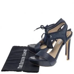 Stella McCartney Navy Blue Faux Leather And Canvas Platform Ankle Wrap Tassel Sandals Size 38.5 For Women -Stella McCartney Sales luxury women stella mccartney used shoes p492836 009