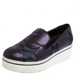 Stella McCartney Metallic Plum/Black Faux Suede And Fabric Binx Star Platform Sneakers Size 38 For Women