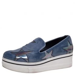 Stella McCartney Blue Faux Leather Binx Star Slip-On Platform Sneakers Size 38 For Women