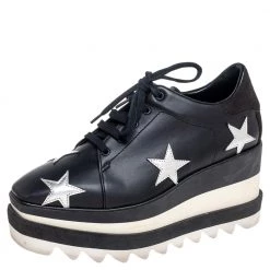 Stella McCartney Black Faux Leather Elyse Star Platform Lace Up Sneakers Size 35 For Women