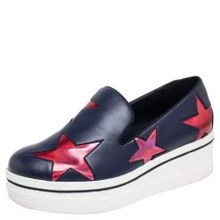 Stella McCartney Metallic Grey Faux Leather Binx Star Platform Slip On Sneakers Size 37 For Women