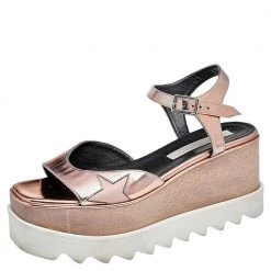 Stella McCartney Metallic Rose Gold Faux Patent Leather Elyse Star Platform Ankle Strap Sandals Size 37 For Women
