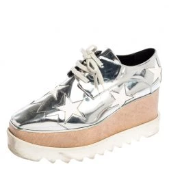 Stella McCartney Silver/White Faux Leather And Elyse Star Platform Derby Size 38.5 For Women