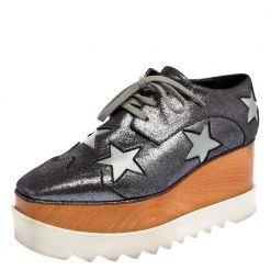 Stella McCartney Metallic Grey Faux Suede Elyse Star Platform Derby Size 38.5 For Women