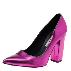 Stella McCartney Metallic Pink Faux Leather Block Heel Pointed-Toe Pumps Size 36 For Women