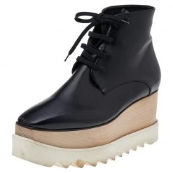 Stella McCartney Black Faux Leather Platform Lace Up Ankle Boots Size 38 For Women