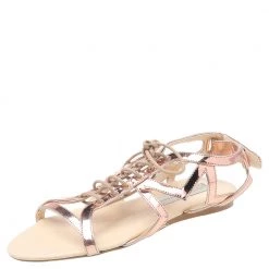 Stella McCartney Rose Gold Patent Leather Cutout Accent Gladiator Flat Sandals Size 38 For Women