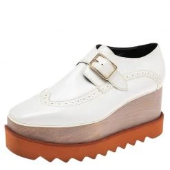 Stella McCartney White Brogue Faux Leather Elyse Monk Platform Derby Size 37 For Women