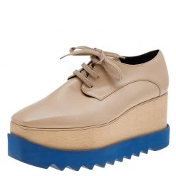 Stella McCartney Beige Faux Leather Elyse Platform Lace Up Derby Size 39 For Women