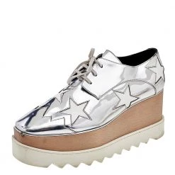 Stella McCartney Silver/White Faux Patent And Leather Elyse Star Platform Lace Up Sneakers Size 38 For Women