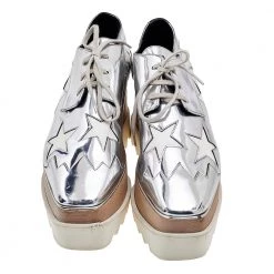 Stella McCartney Silver/White Faux Patent And Leather Elyse Star Platform Lace Up Sneakers Size 38 For Women -Stella McCartney Sales luxury women stella mccartney used shoes p556925 004