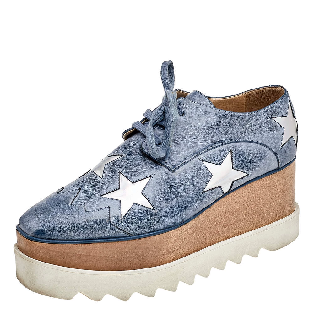 Stella McCartney Blue/Silver Faux Leather Elyse Star Platform Lace Up Sneakers Size 39 For Women 3 Stella McCartney Blue/Silver Faux Leather Elyse Star Platform Lace Up Sneakers Size 39 For Women