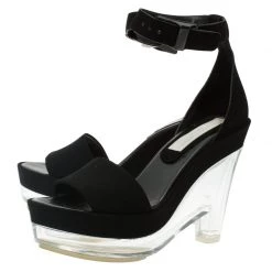 Stella McCartney Black Faux Suede Ankle Strap Platform Wedge Sandals Size 37 For Women -Stella McCartney Sales luxury women stella mccartney used shoes p56372 004