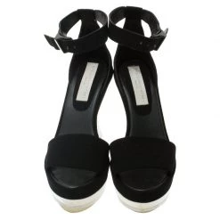 Stella McCartney Black Faux Suede Ankle Strap Platform Wedge Sandals Size 37 For Women -Stella McCartney Sales luxury women stella mccartney used shoes p56372 006