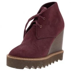 Stella McCartney Burgundy Faux Suede Lace Up Wedge Boots Size 37 For Women