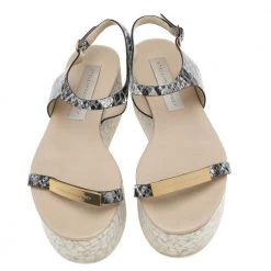 Stella McCartney Black/White Faux Python Leather Geena Marble Wedge Platform Sandals Size 36 For Women -Stella McCartney Sales luxury women stella mccartney used shoes p594072 003