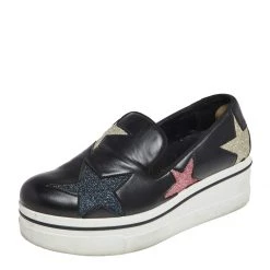 Stella McCartney Black Faux Leather Binx Star Platform Sneakers Size 36 For Women