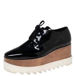 Stella McCartney Black Faux Patent Leather Elyse Platform Sneakers Size 38 For Women