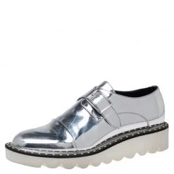 Stella McCartney Silver Faux Leather Odette Buckle Loafers Size 36 For Women