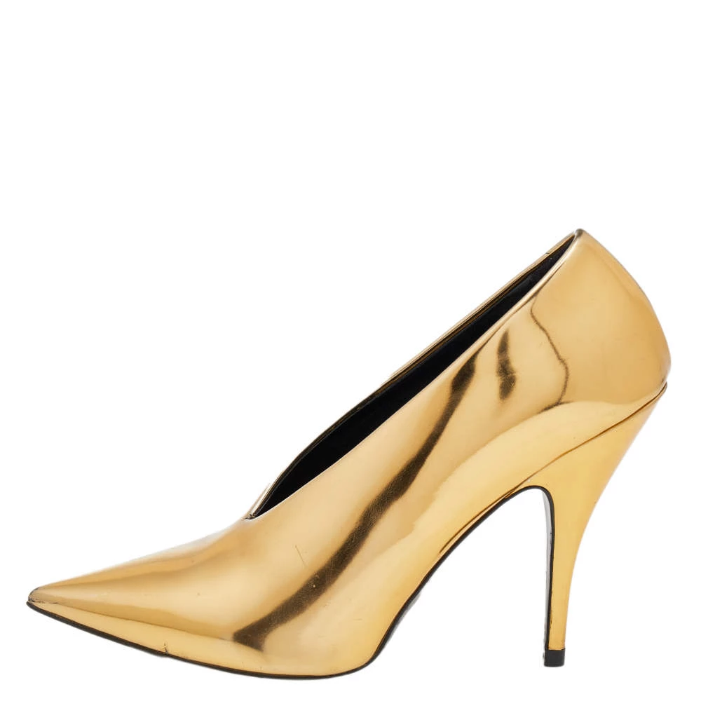 Stella McCartney Metallic Gold Faux Patent Leather V Neck Pointed Toe Pumps Size 36 For Women 4 Stella McCartney Metallic Gold Faux Patent Leather V Neck Pointed Toe Pumps Size 36 For Women - Image 2