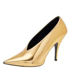 Stella McCartney Metallic Gold Faux Patent Leather V Neck Pointed Toe Pumps Size 36 For Women