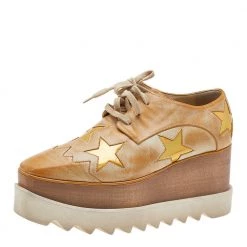 Stella McCartney Brown Faded Effect Faux Leather Elyse Star Platform Lace Up Derby Size 35.5 For Women