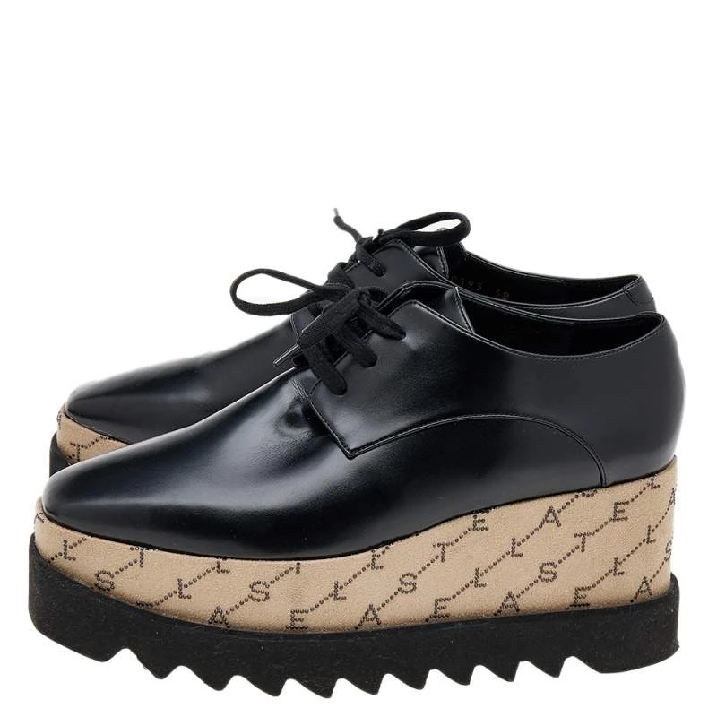Stella McCartney Black/Beige Faux Leather Monogram Elyse Platform Derby Sneakers Size 38 For Women 6 Stella McCartney Black/Beige Faux Leather Monogram Elyse Platform Derby Sneakers Size 38 For Women - Image 4