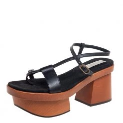 Stella McCartney Black Faux Leather Wooden Platform Sandals Size 39 For Women