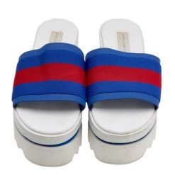 Stella McCartney Blue Faux Leather And Fabric Platform Slides Sandals Size 36 For Women -Stella McCartney Sales luxury women stella mccartney used shoes p615351 006
