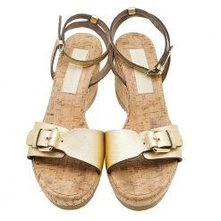 Stella McCartney Metallic Gold Faux Leather Linda Wedge Sandals Size 41 For Women -Stella McCartney Sales luxury women stella mccartney used shoes p615374 002