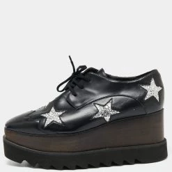 Stella McCartney Black Faux Leather Elyse Star Sneakers Size 38 For Women
