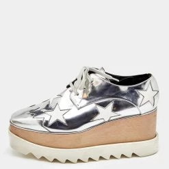 Stella McCartney Silver/White Faux Patent Leather Elyse Star Platform Lace Up Sneakers Size 37.5 For Women