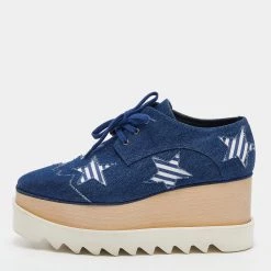 Stella McCartney Blue Denim Elyse Star Platform Lace Up Sneakers Size 37 For Women