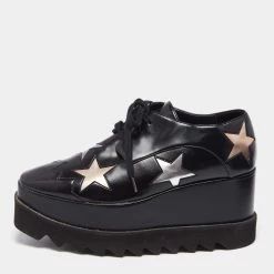 Stella McCartney Black Faux Leather Elyse Star Platform Lace Up Sneakers Size 37 For Women