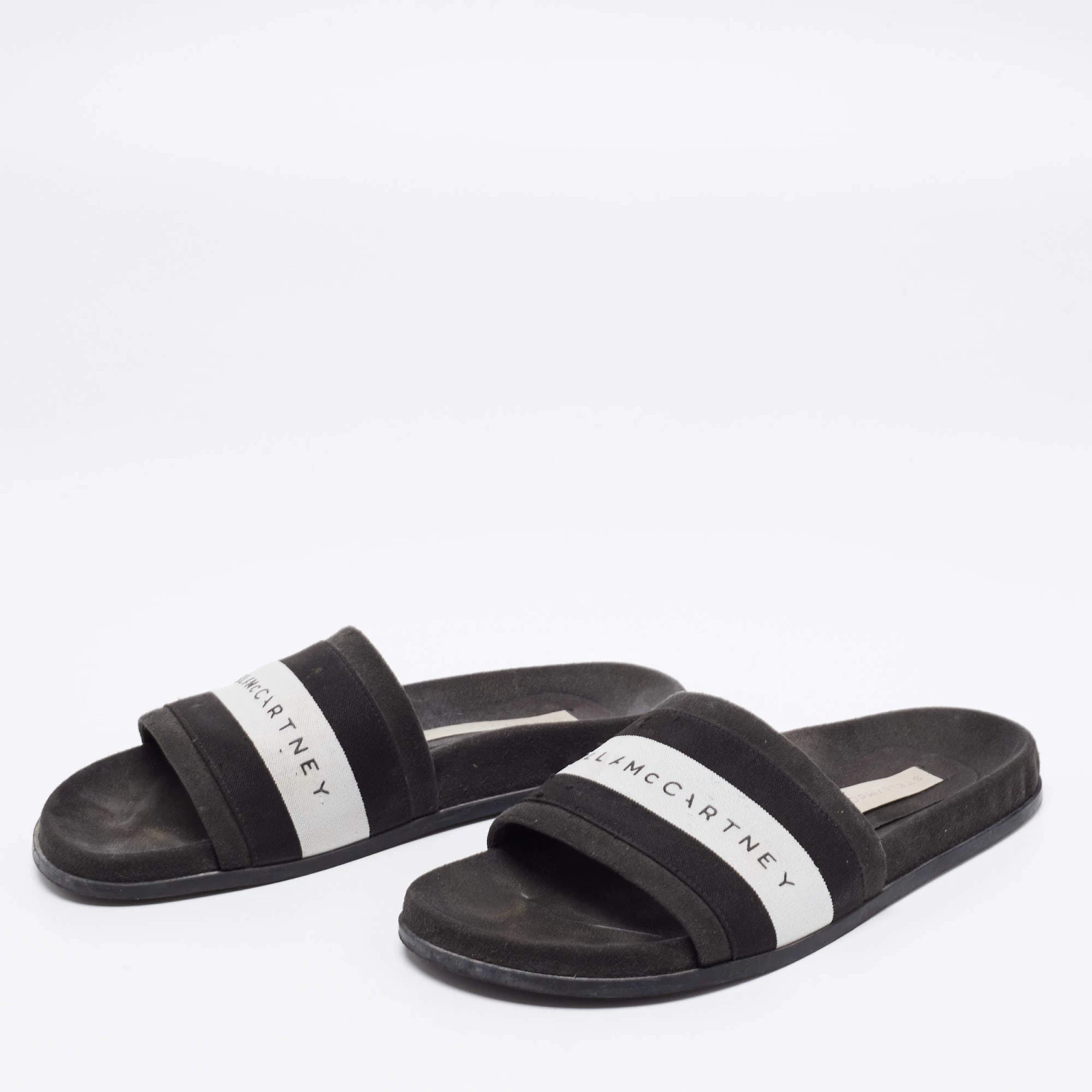 Stella McCartney Black/White Faux Suede And Canvas Logo Slide Slippers Size 36 For Women 4 Stella McCartney Black/White Faux Suede And Canvas Logo Slide Slippers Size 36 For Women - Image 2