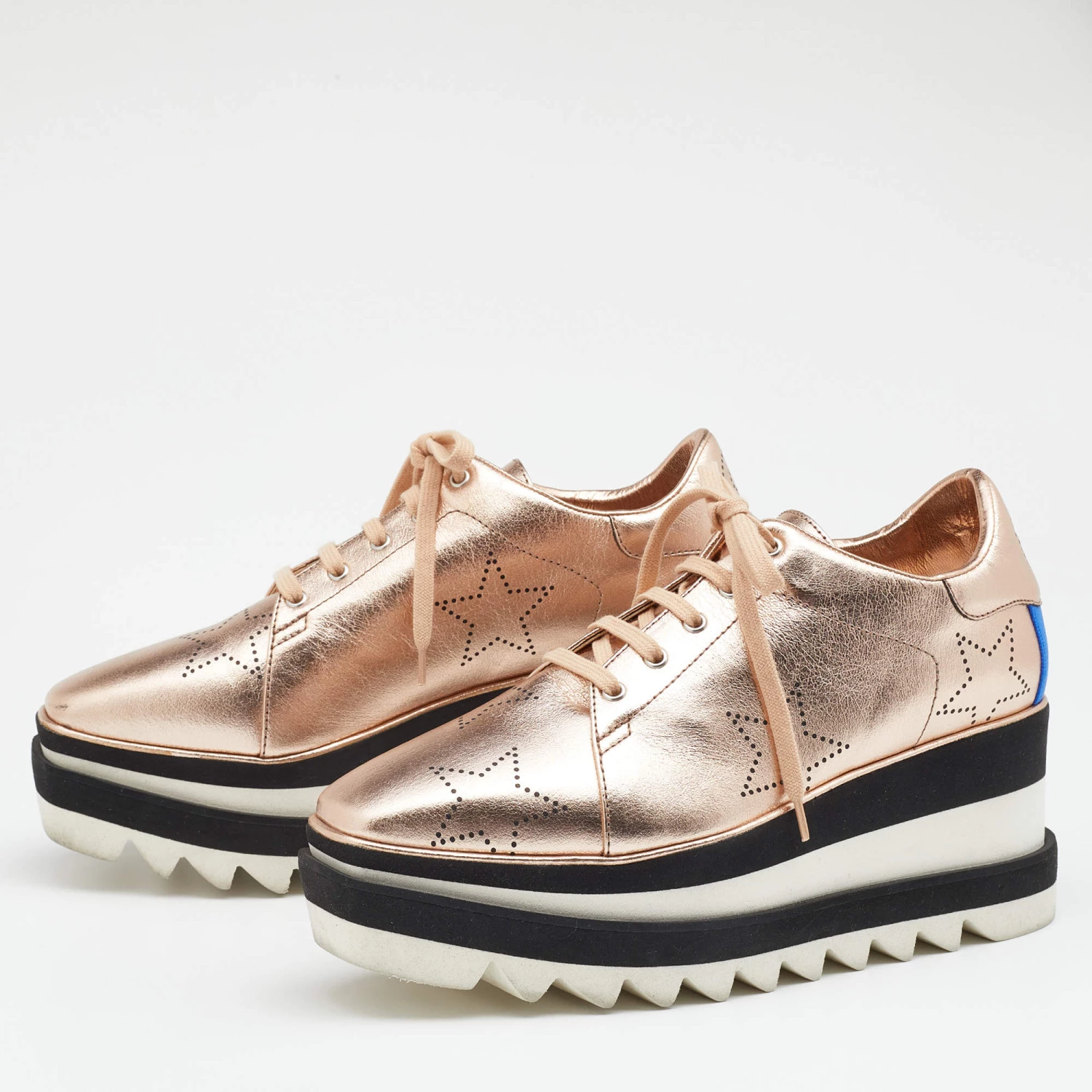 Stella McCartney Metallic Gold Faux Perforated Leather Elyse Star Platform Derby Size 37 For Women 4 Stella McCartney Metallic Gold Faux Perforated Leather Elyse Star Platform Derby Size 37 For Women - Image 2