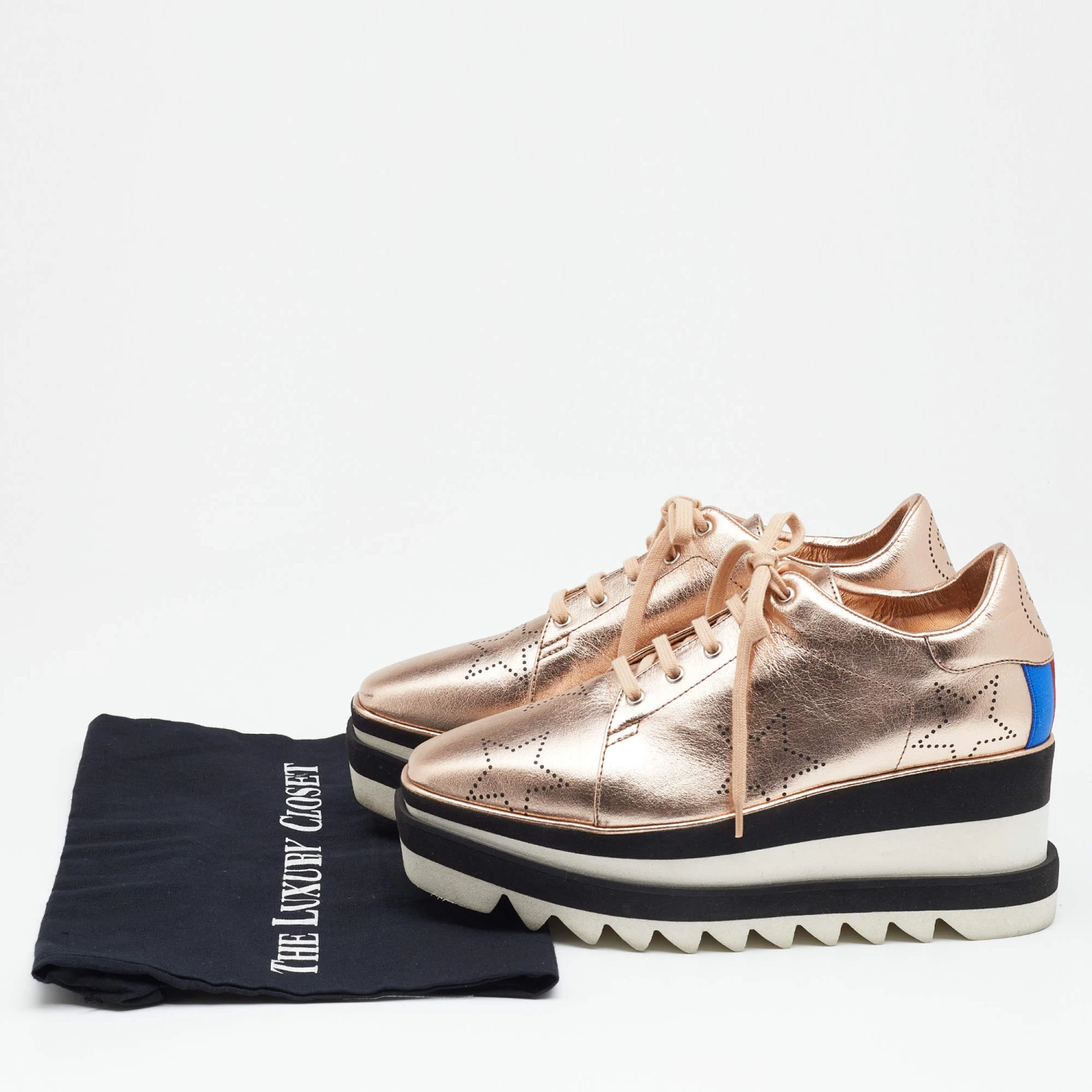 Stella McCartney Metallic Gold Faux Perforated Leather Elyse Star Platform Derby Size 37 For Women 11 Stella McCartney Metallic Gold Faux Perforated Leather Elyse Star Platform Derby Size 37 For Women - Image 9