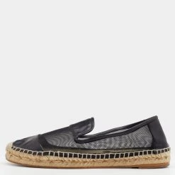 Stella McCartney Black Faux Leather And Mesh Sheer Panel Espadrilles Size 38 For Women