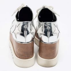 Stella McCartney Silver/White Faux Patent And Faux Leather Elyse Star Platform Lace Up Sneakers Size 38 For Women -Stella McCartney Sales luxury women stella mccartney used shoes p668862 004