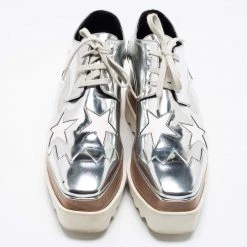 Stella McCartney Silver/White Faux Patent And Faux Leather Elyse Star Platform Lace Up Sneakers Size 38 For Women -Stella McCartney Sales luxury women stella mccartney used shoes p668862 006