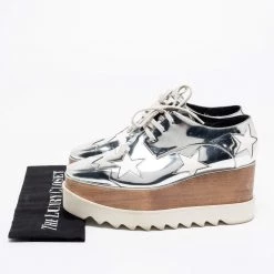 Stella McCartney Silver/White Faux Patent And Faux Leather Elyse Star Platform Lace Up Sneakers Size 38 For Women -Stella McCartney Sales luxury women stella mccartney used shoes p668862 009