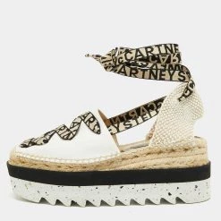 Stella McCartney White/Beige Canvas And Cotton Blend Gaia Ankle Wrap Espadrilles Sandals Size 39 For Women