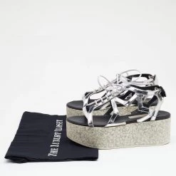 Stella McCartney Metallic Silver Cut Out Faux Leather Hackney Printed Wedge Platform Sandals Size 37 For Women -Stella McCartney Sales luxury women stella mccartney used shoes p669402 002