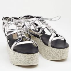 Stella McCartney Metallic Silver Cut Out Faux Leather Hackney Printed Wedge Platform Sandals Size 37 For Women -Stella McCartney Sales luxury women stella mccartney used shoes p669402 006