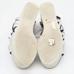 Stella McCartney Metallic Silver Cut Out Faux Leather Hackney Printed Wedge Platform Sandals Size 37 For Women -Stella McCartney Sales luxury women stella mccartney used shoes p669402 009